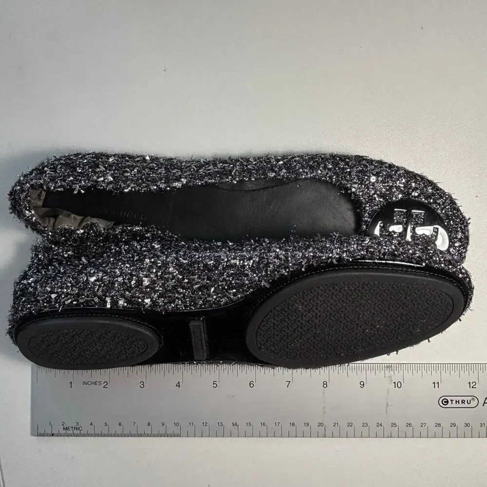 Tory Burch Tweed Minnie Travel Ballet Flats Metallic Black Silver Logo